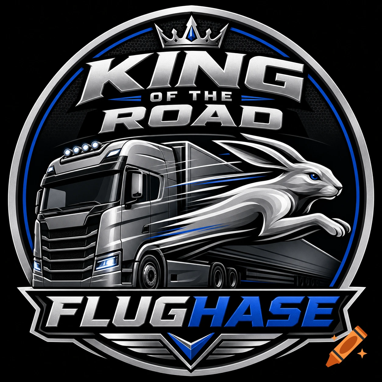 A graphic logo featuring a silver semi-truck and a leaping silver rabbit with blue eyes, text reads 'KING OF THE ROAD' and 'FLUGHASE'.