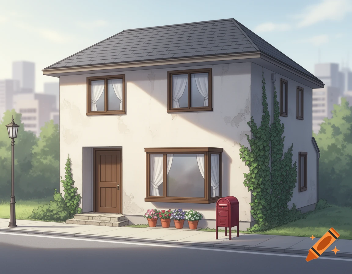 A cozy two-story house with off-white walls, dark roof, and bay window, on a suburban street with a lamp and mailbox, in anime style.