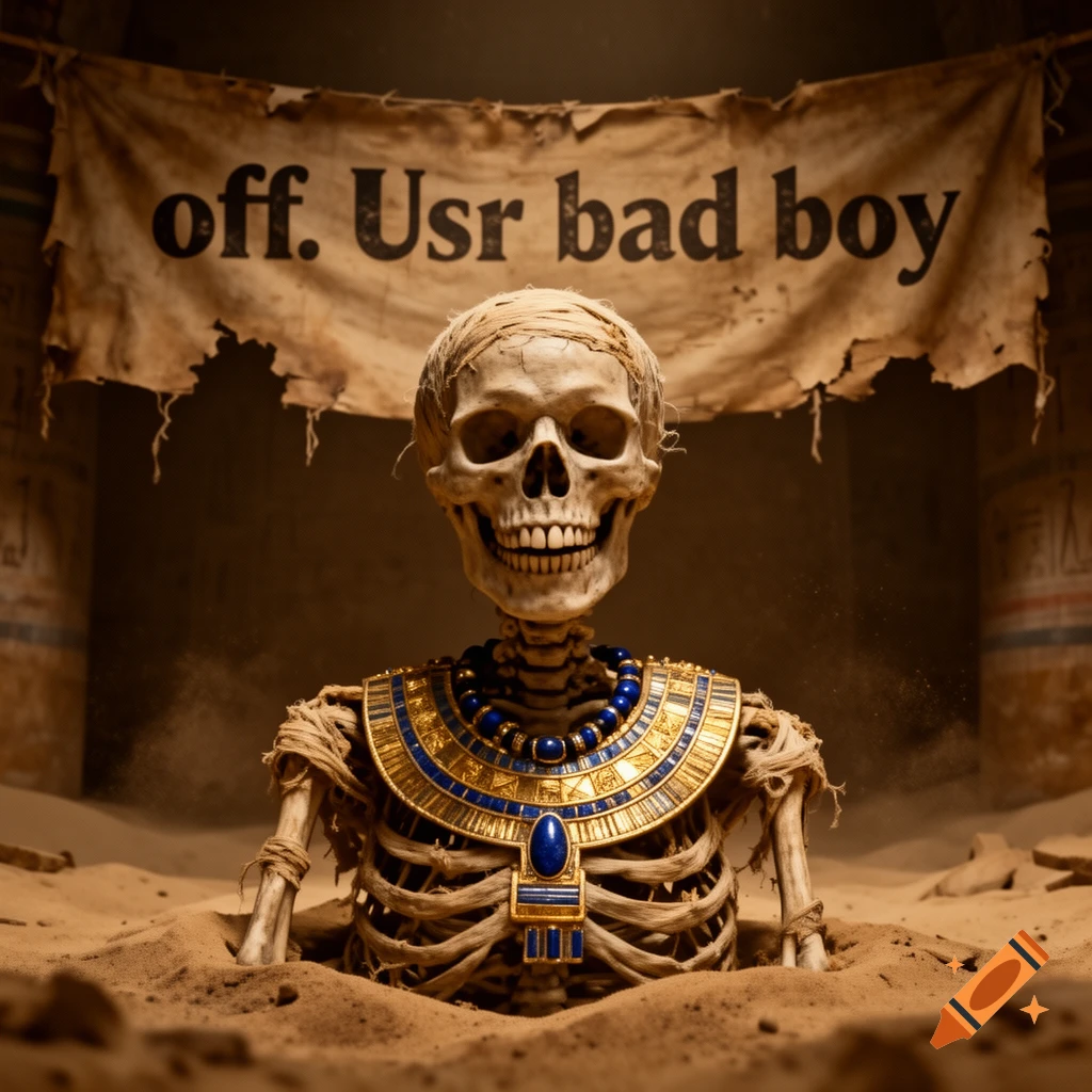 Grinning pharaoh skeleton in a blue and gold collar, partially buried in sand in an ancient tomb, with a banner reading 'off. Usr bad boy'.