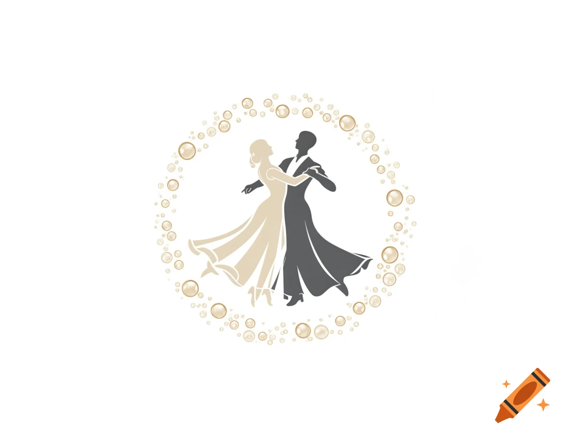 Stylized illustration of a dancing couple in silhouettes surrounded by golden bubbles.