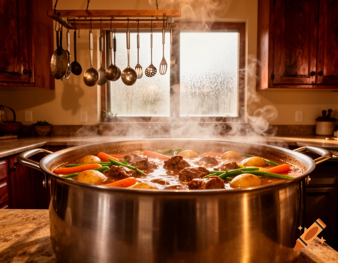 A large pot of steaming beef stew with carrots, potatoes, and green beans cooking on a kitchen counter, with utensils hanging above a window.