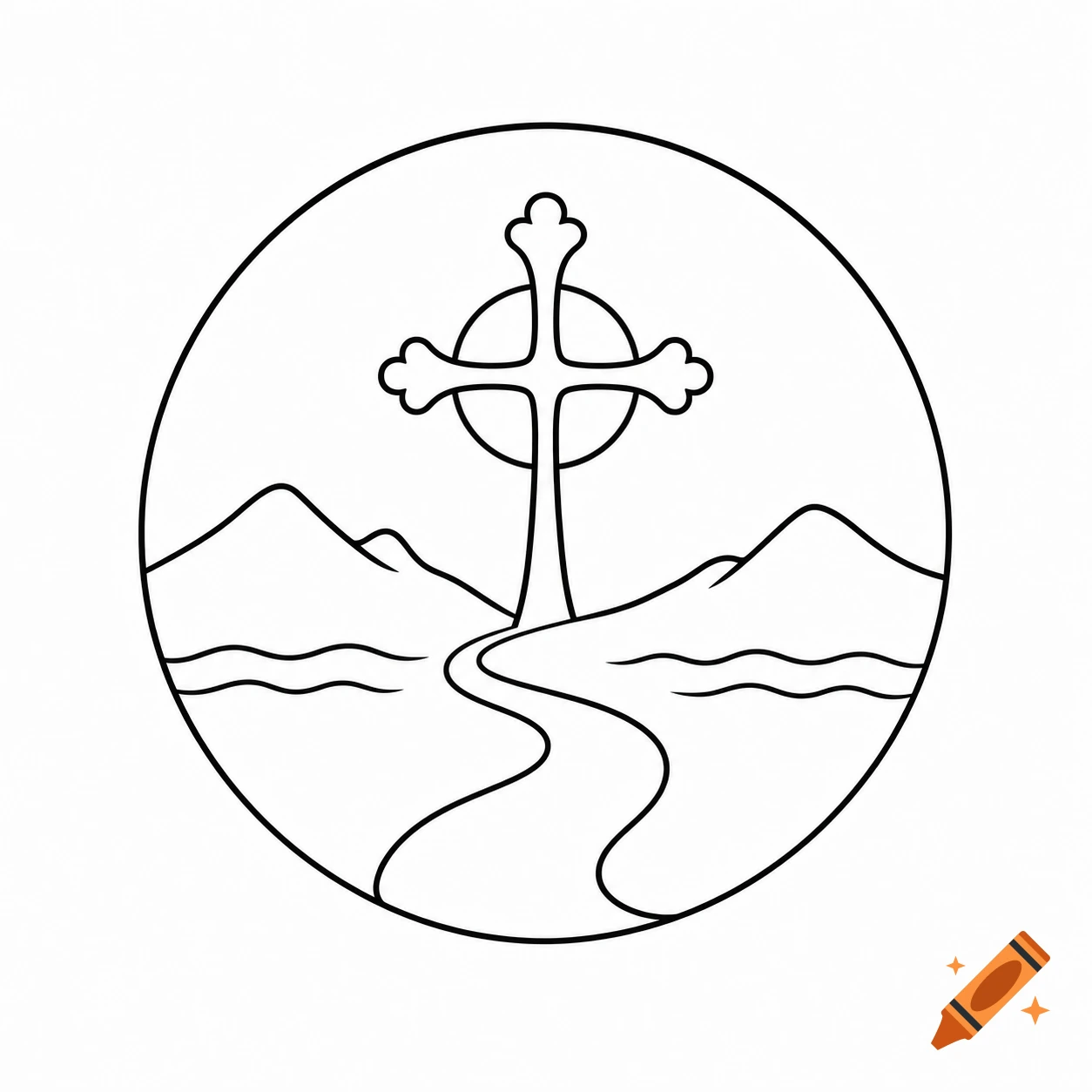 A simplified black and white line drawing of a Celtic cross on a hill, with a winding path and mountains, all within a circle.