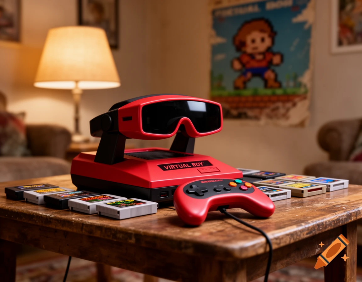 A red Nintendo Virtual Boy console and controller sit on a rustic wooden table, surrounded by several video game cartridges. A lamp and a pixel art poster of a character are blurred in the background, creating a nostalgic retro gaming scene.