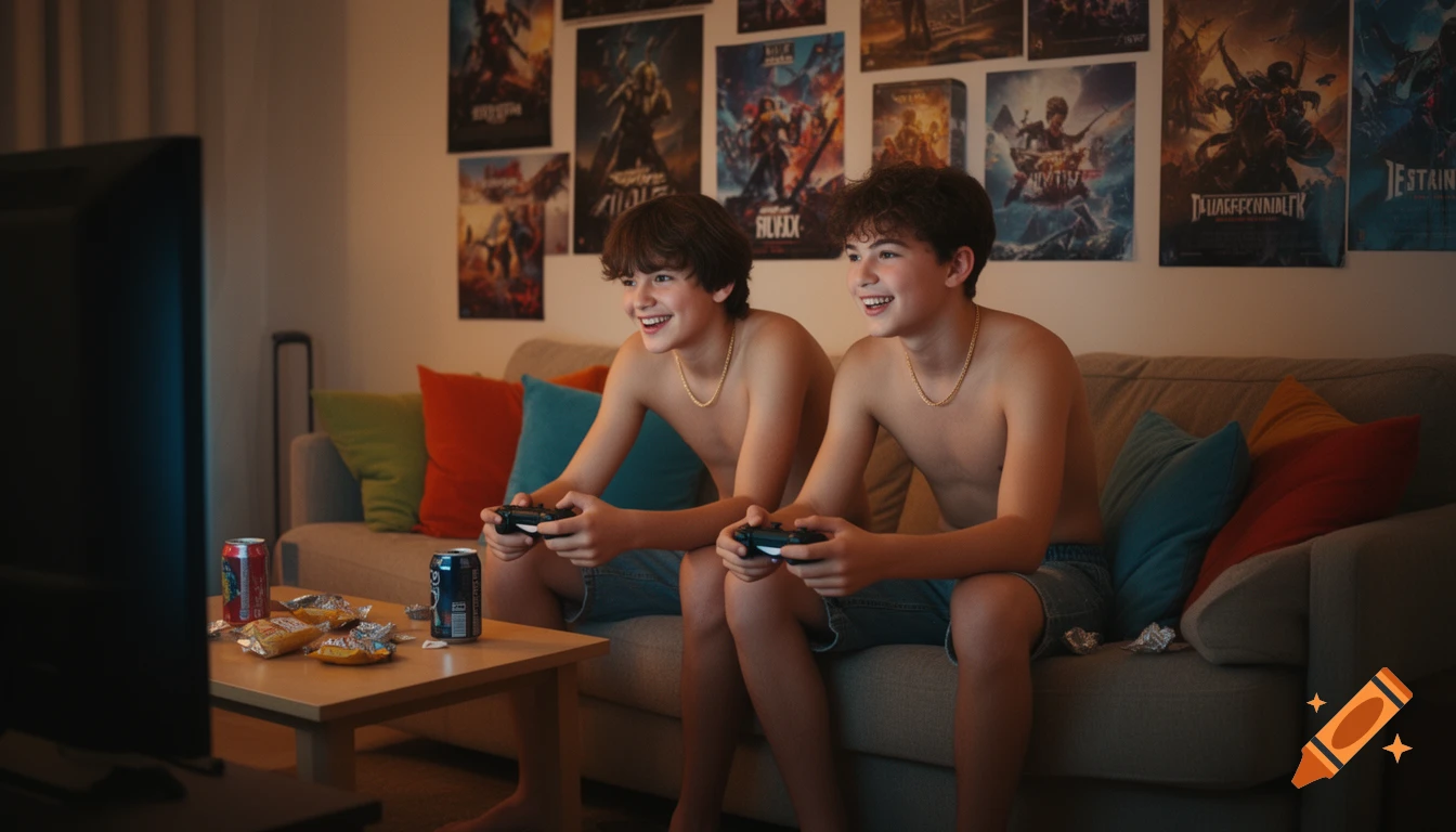 Two shirtless teenage boys with gold chains play video games on a couch, smiling with controllers in a cozy room with posters and snacks.