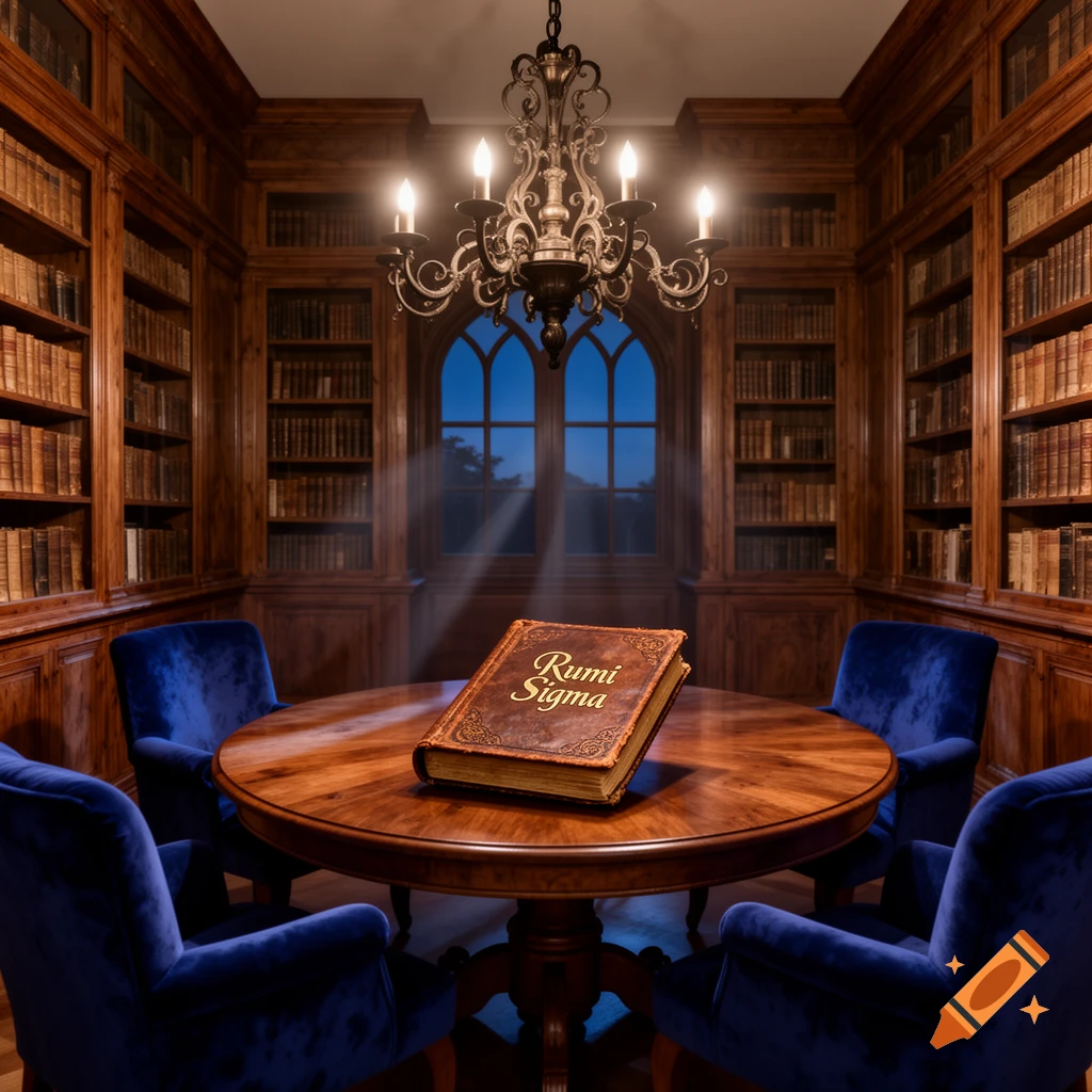 A vintage study with a glowing book titled 'Rumi Sigma' on a round wooden table, surrounded by blue velvet chairs.