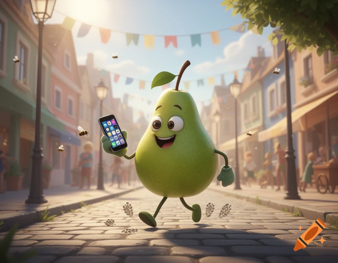 A happy cartoon pear walks on a sunny cobbled street in a town, holding a mobile phone with app icons.
