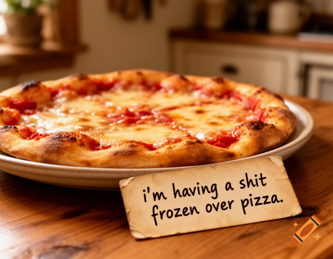 A close-up of a cheese pizza on a plate, with a note card in front that reads "I'm having a shit frozen over pizza".