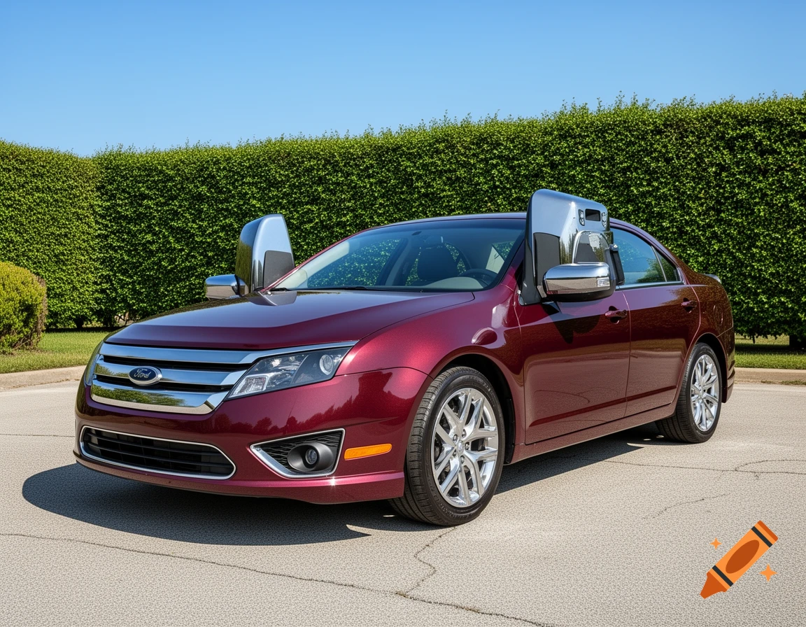 A maroon Ford Fusion sedan with large chrome truck tow mirrors parked on asphalt with a green hedge and blue sky.