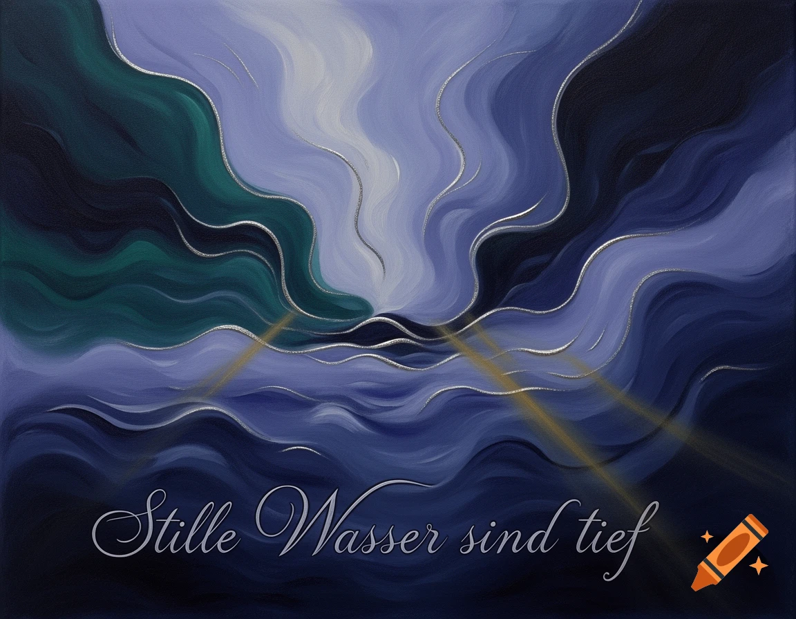 Abstract painting with wavy blue, purple, and green lines, silver accents, golden light beams, and the text 'Stille Wasser sind tief'.