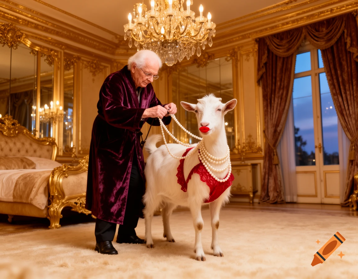 An old man in a velvet robe dresses a goat in red lace lingerie, pearls, and lipstick in a gilded luxury bedroom.
