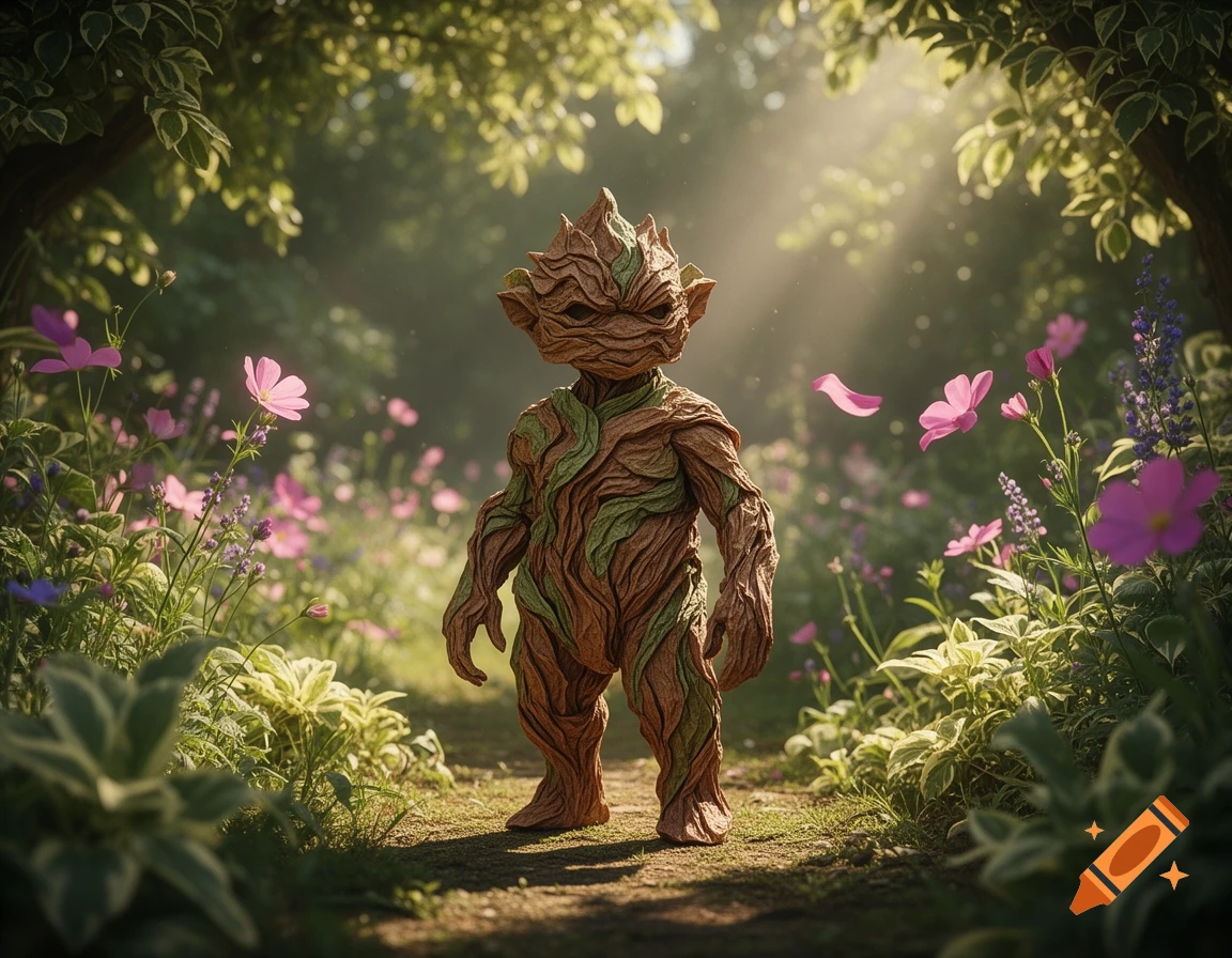 A small, tree-like creature with bark-like skin and green patterns stands in a sun-dappled magical forest with pink and purple flowers.