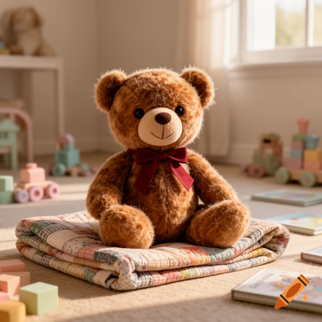 A fluffy brown teddy bear with a red bow sits on a colorful quilt in a sunlit child's room with scattered toys.