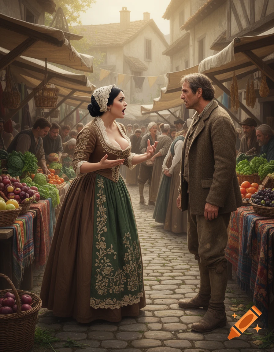 A woman in a historical brown and green dress argues with a man in a brown suit at a bustling market stall with fresh produce.
