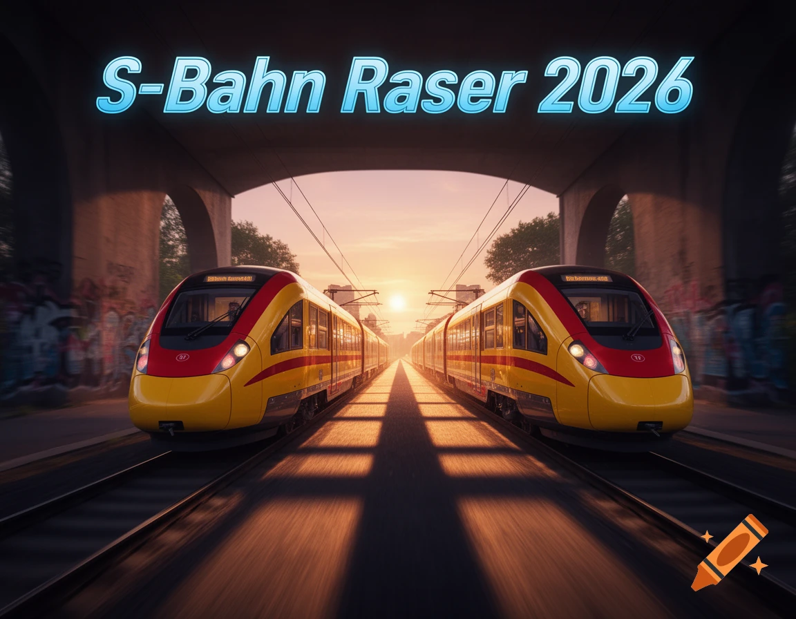 Two modern yellow and red S-Bahn trains face each other on tracks under a bridge at sunset, with 'S-Bahn Raser 2026' text.