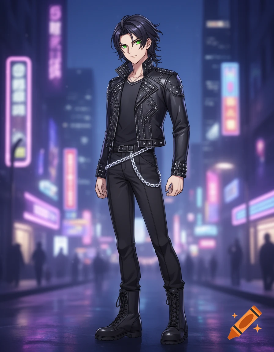 A male anime character with black hair and green eyes, wearing a studded black leather jacket, black pants, and boots, stands in a neon-lit city street at night.