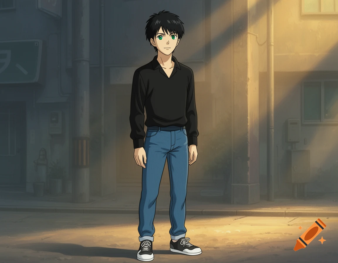 Anime-style Japanese man with short black hair, green eyes, black shirt, blue jeans, and sneakers, standing in a sunlit street.