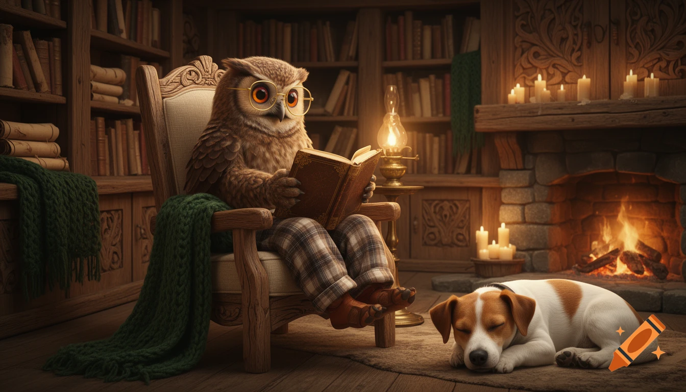 A wise anthropomorphic owl wearing glasses reads a book in an armchair by a cozy fireplace, with a sleeping Jack Russell dog nearby.