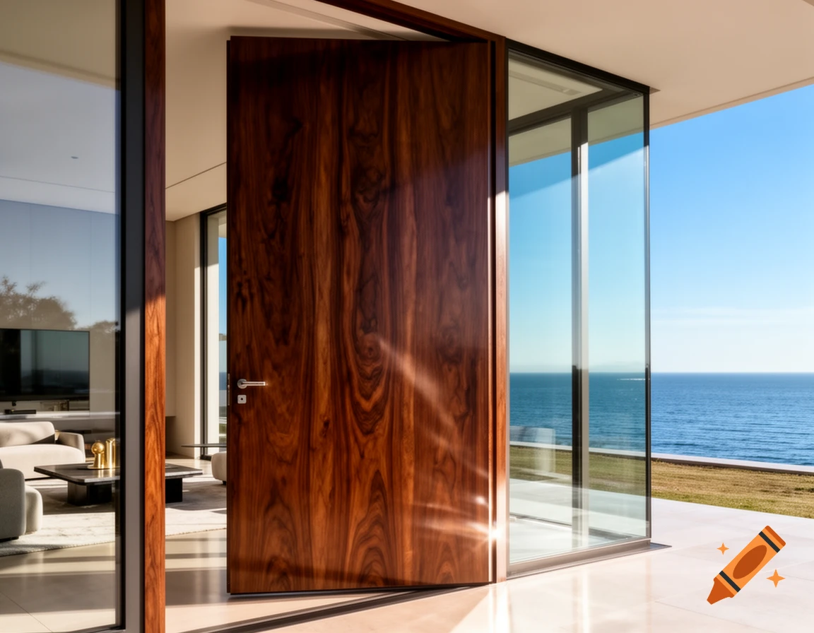 Photorealistic image of a modern wooden pivot door opening to a house with glass walls, revealing a stylish interior and ocean view.