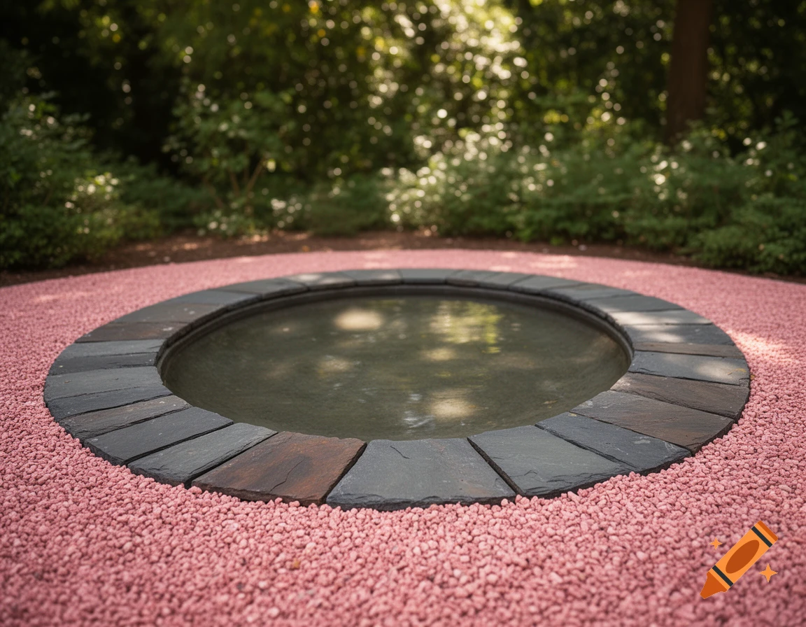 A circular basin rimmed with dark slate stones, set in pink gravel with lush green foliage in the background.