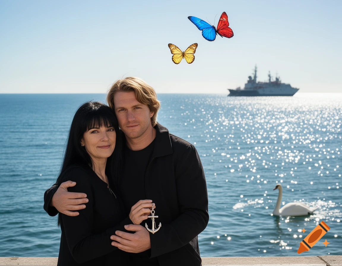 A man and woman embrace by the sparkling sea, with a ship, swan, and three butterflies under a clear sky.