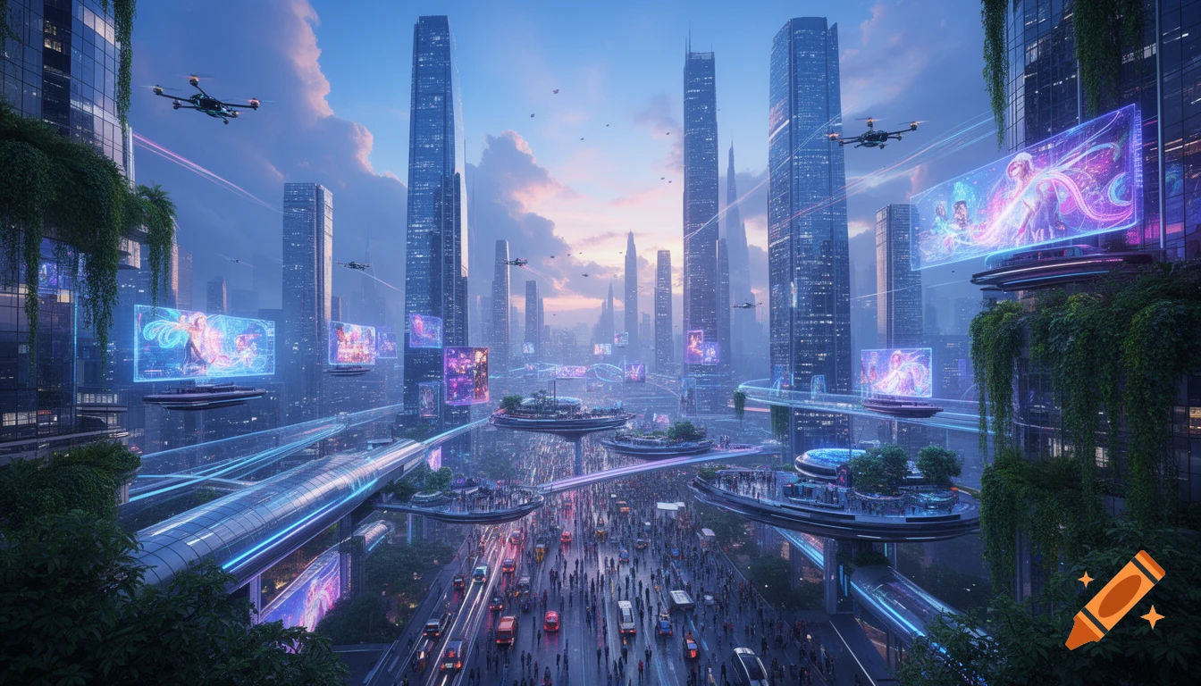 A vibrant futuristic city with towering skyscrapers, flying drones, glowing digital billboards, and busy streets with crowds and traffic.