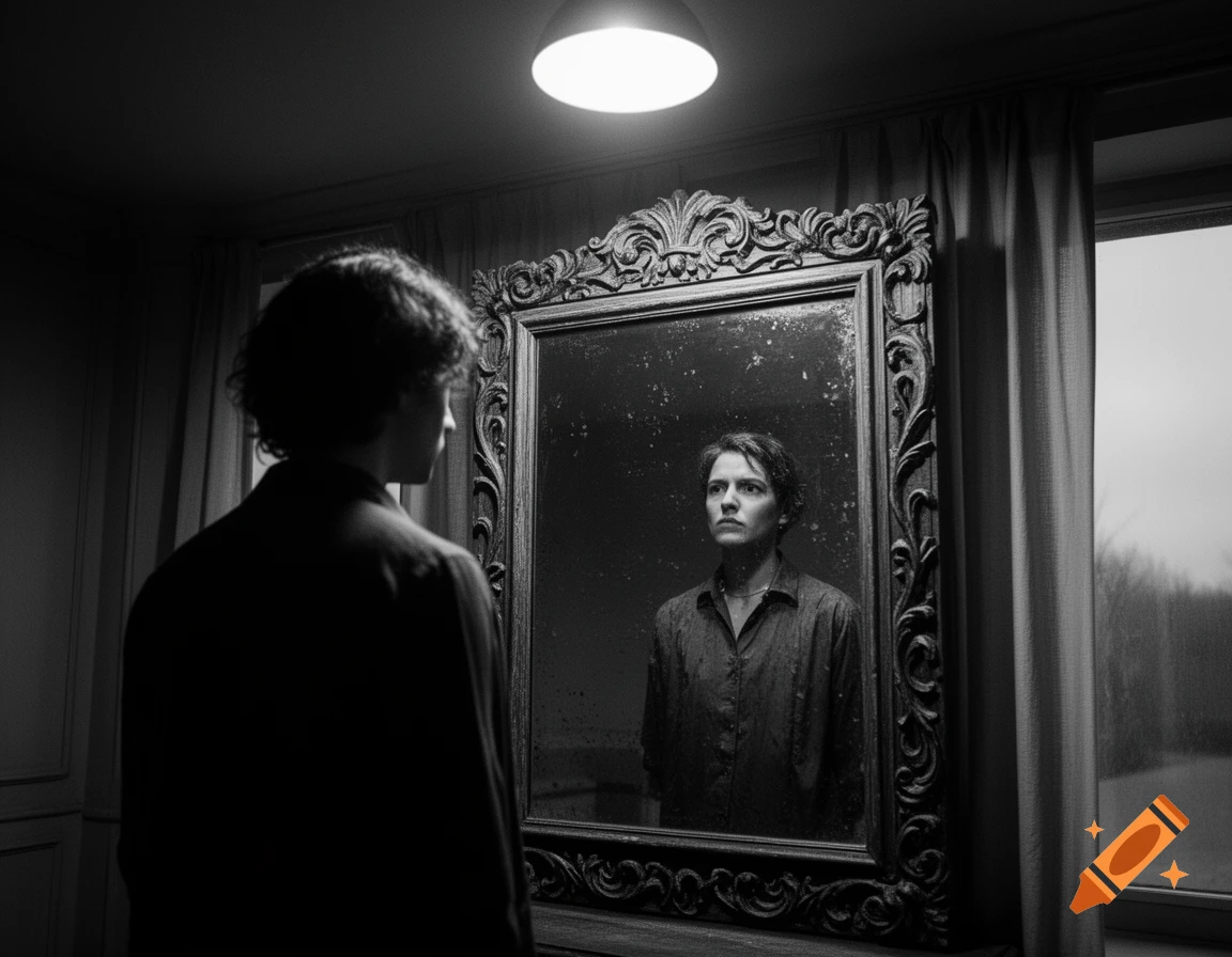 Black and white image of a person looking into an ornate mirror, reflecting a different, solemn-faced individual.
