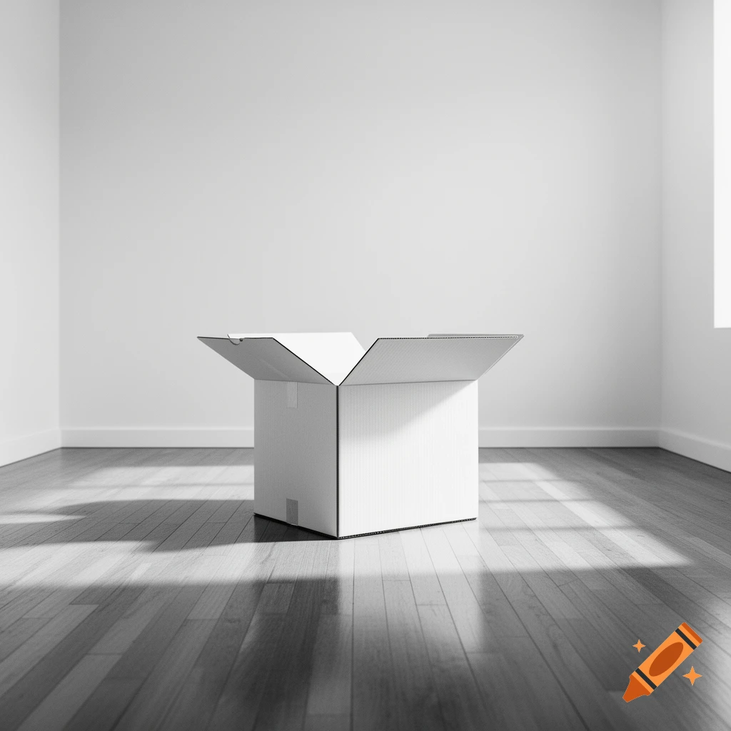 An open white cardboard box sits centered on a wooden floor in an empty room, dappled with sunlight.