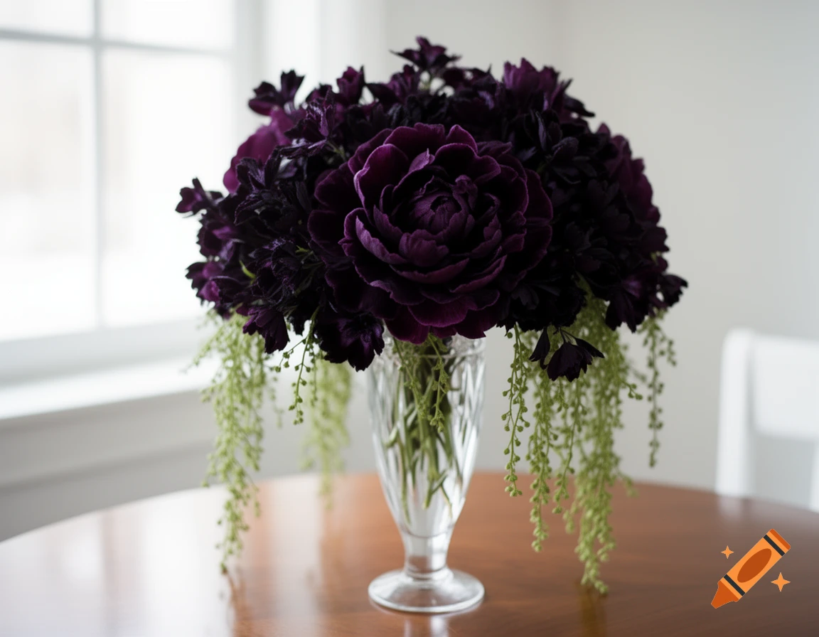 A photorealistic dark purple bouquet in a clear glass vase sits on a wooden table, with a window in the background.