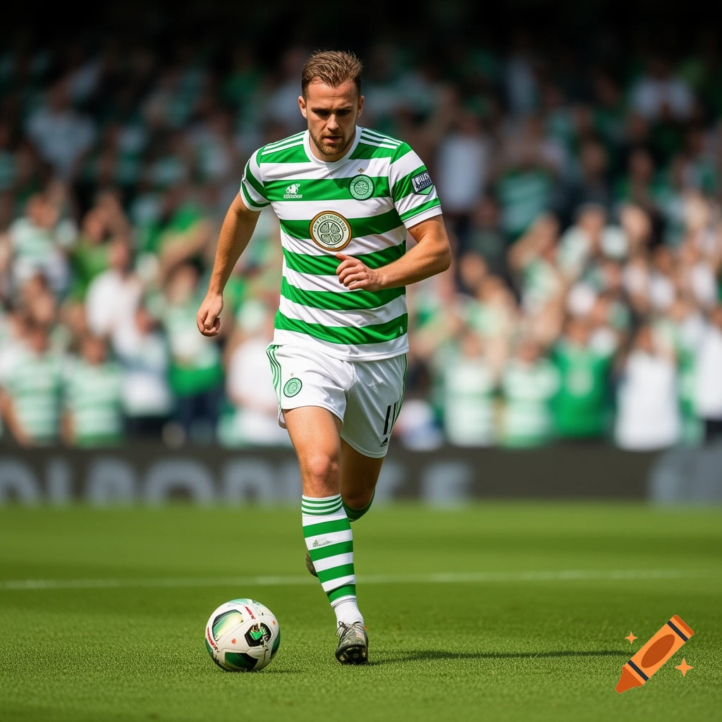 A male soccer player in a green and white striped jersey dribbles a ball on a sunny stadium field with a blurred crowd in the background.