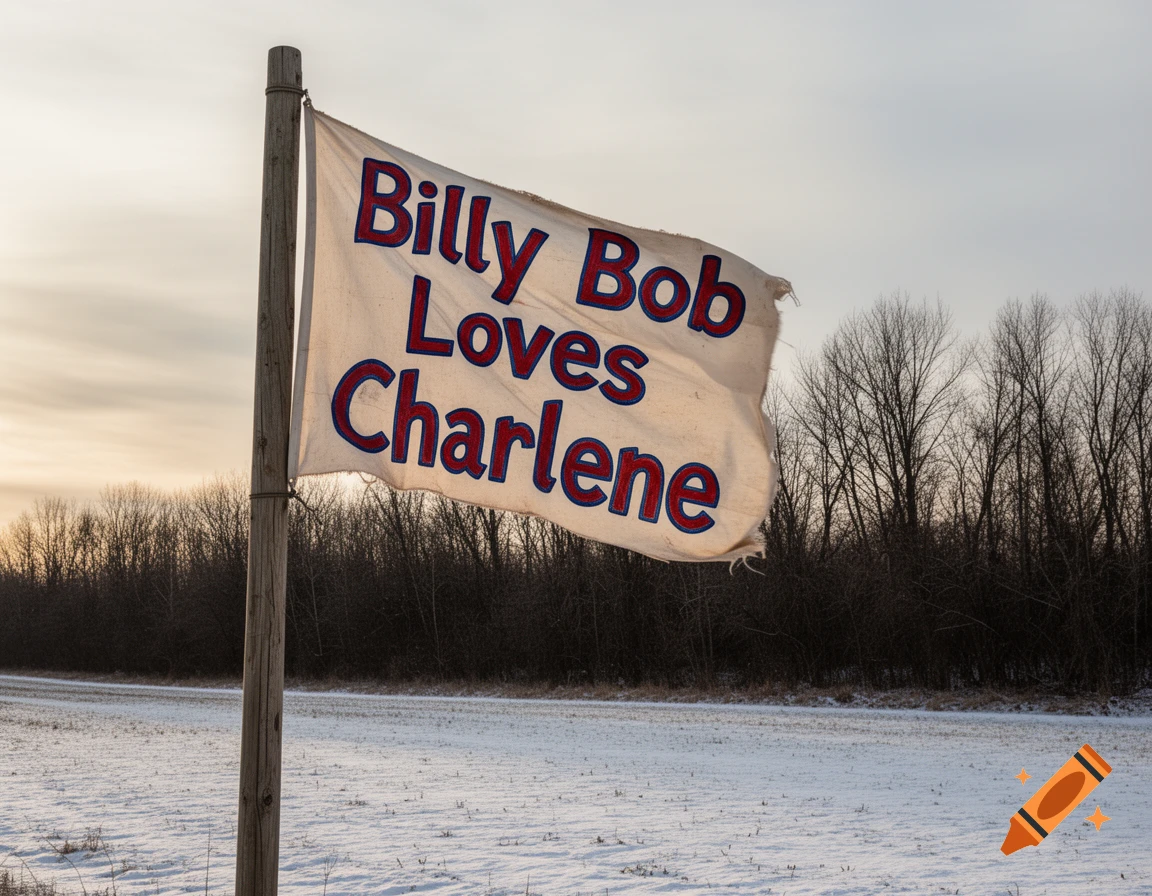A white flag reading 'Billy Bob Loves Charlene' on a wooden pole in a snowy field with bare trees against a cloudy sky.
