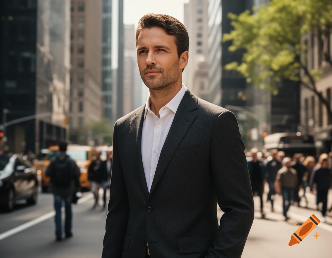 A well-dressed man in a dark suit and white shirt stands on a busy city street, with blurred skyscrapers and pedestrians in the background.