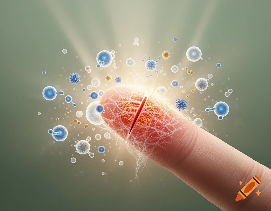Stylized illustration of a cut finger with glowing tissue and surrounding immune cells, depicting the healing process.
