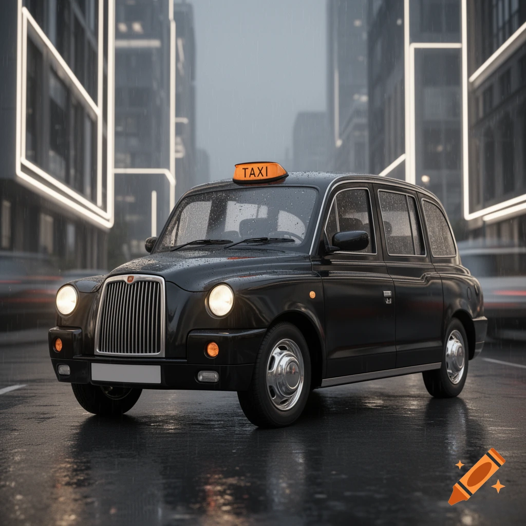 A photorealistic black taxi cab drives on a wet city street in the rain with modern buildings in the background.