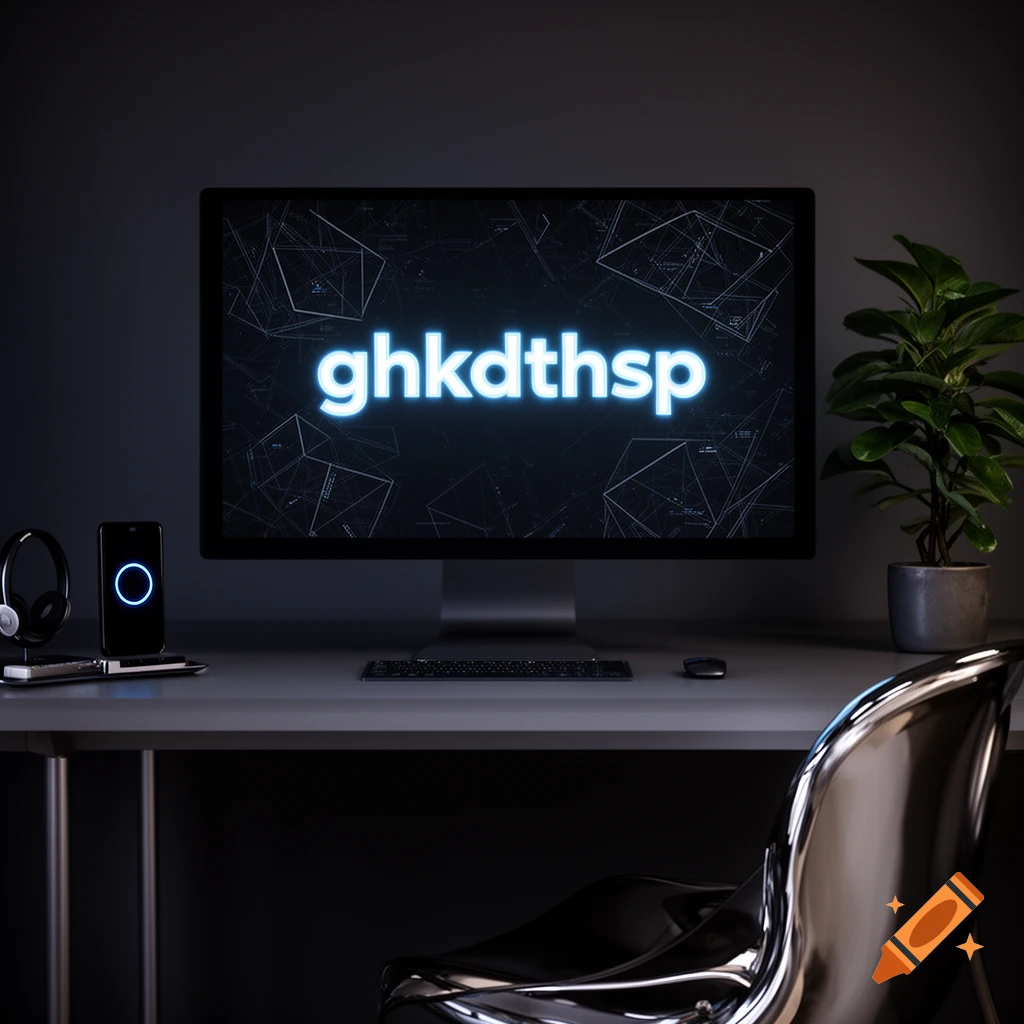 A dark, minimalist desk setup with a computer monitor displaying glowing 'ghkdthsp' text, a phone, headphones, and a potted plant.