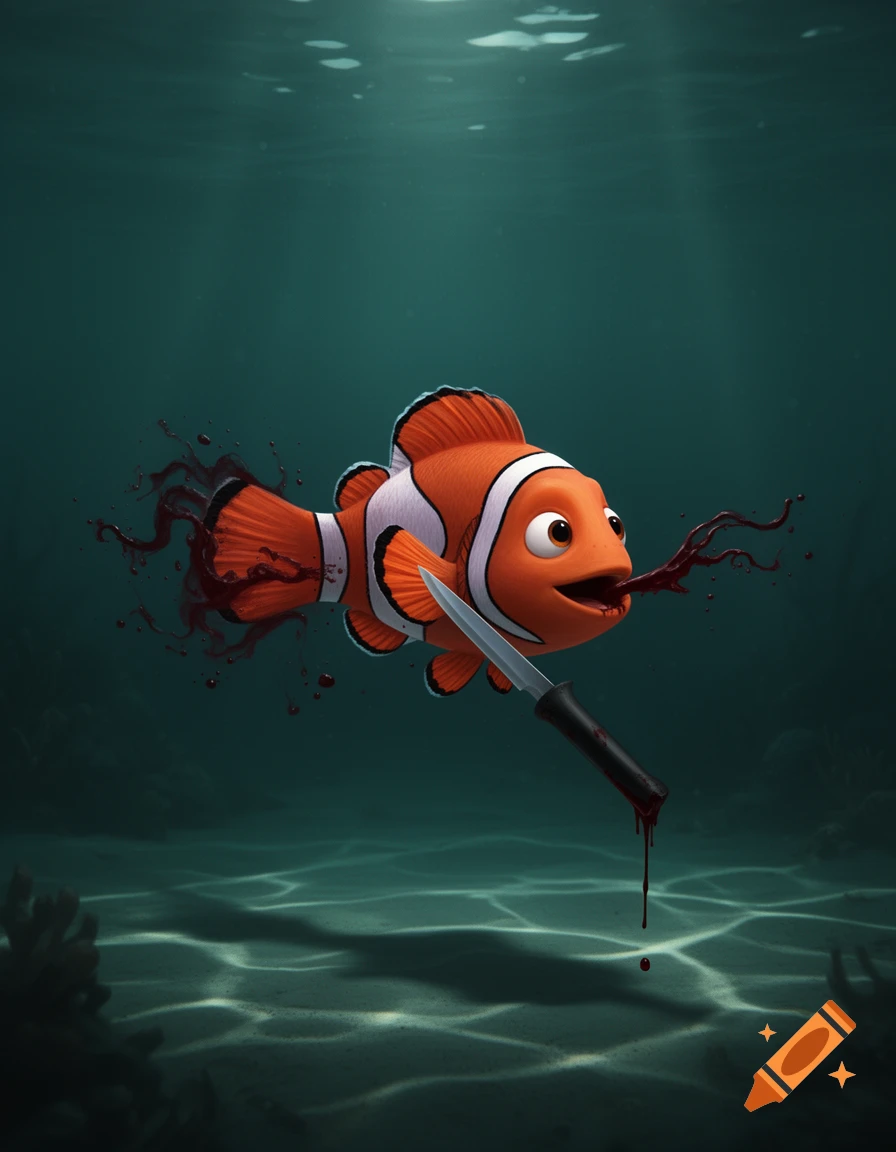 A cartoon clownfish, resembling Nemo, floats in dark water with a knife protruding from its stomach and blood around its mouth and tail.