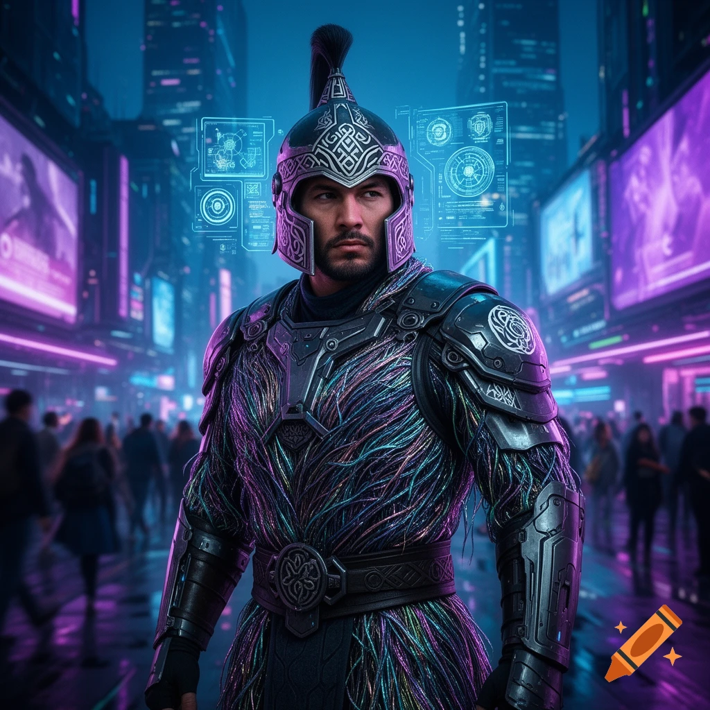 A cyberpunk warrior in ornate armor, adorned with glowing wires and a helmet, stands in a futuristic city bathed in neon lights.