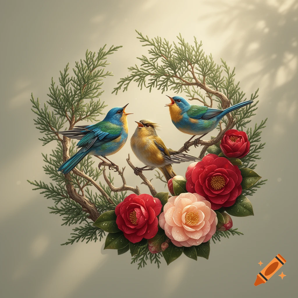 Three colorful birds sing while perched on branches and red and pink camellia flowers arranged as a wreath.