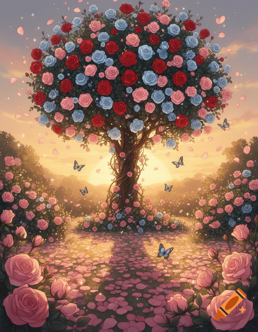 A vibrant storybook-style rose garden with a magnificent tree covered in red, pink, and blue roses, with butterflies and a sunset.
