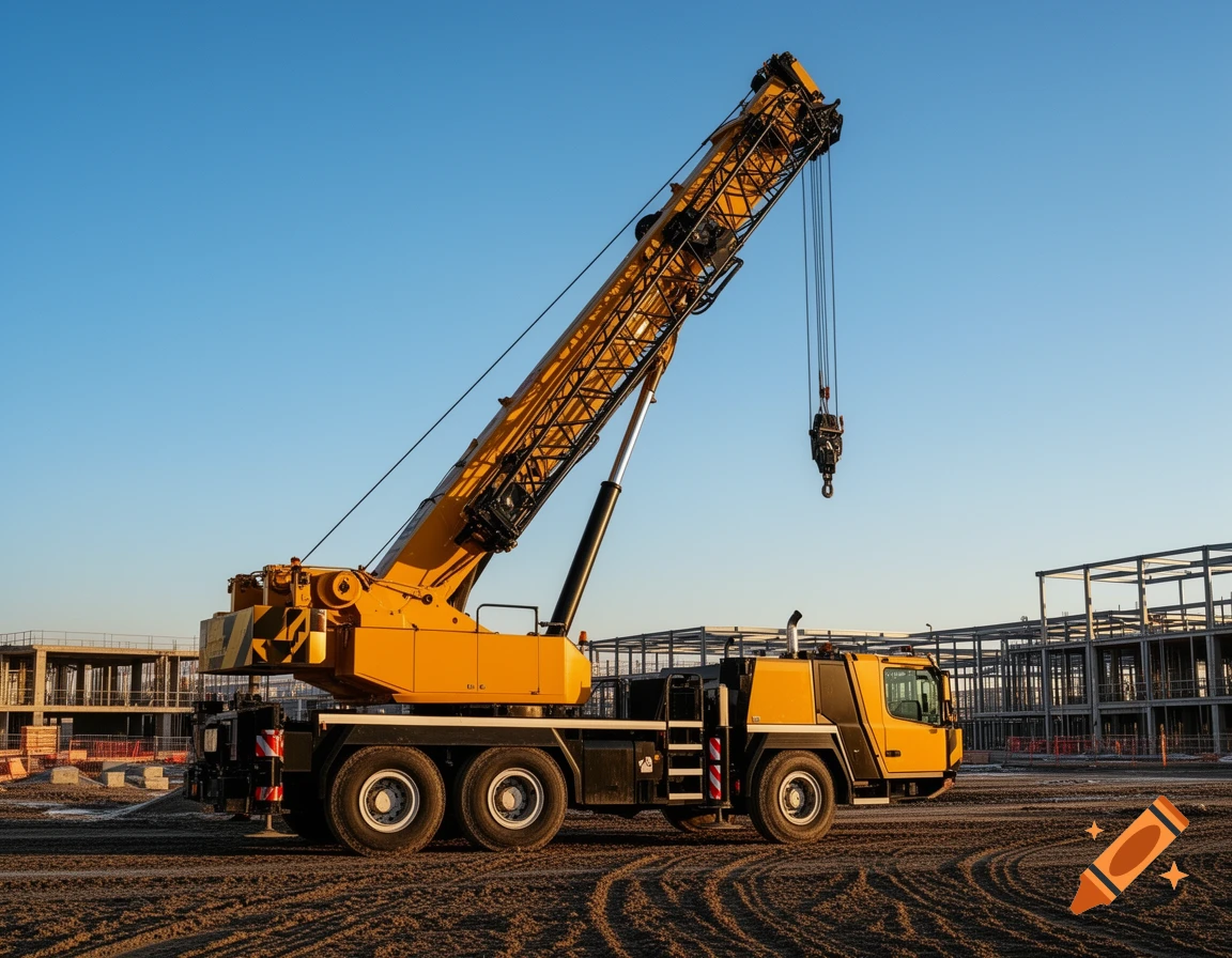 A large yellow truck-mounted mobile crane stands on a dusty construction site with unfinished buildings under a clear blue sky.