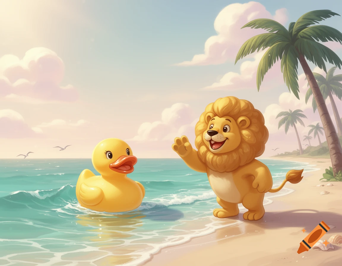 A cheerful cartoon lion waves from a sandy beach next to a rubber duck floating in the ocean under a blue sky with palm trees.