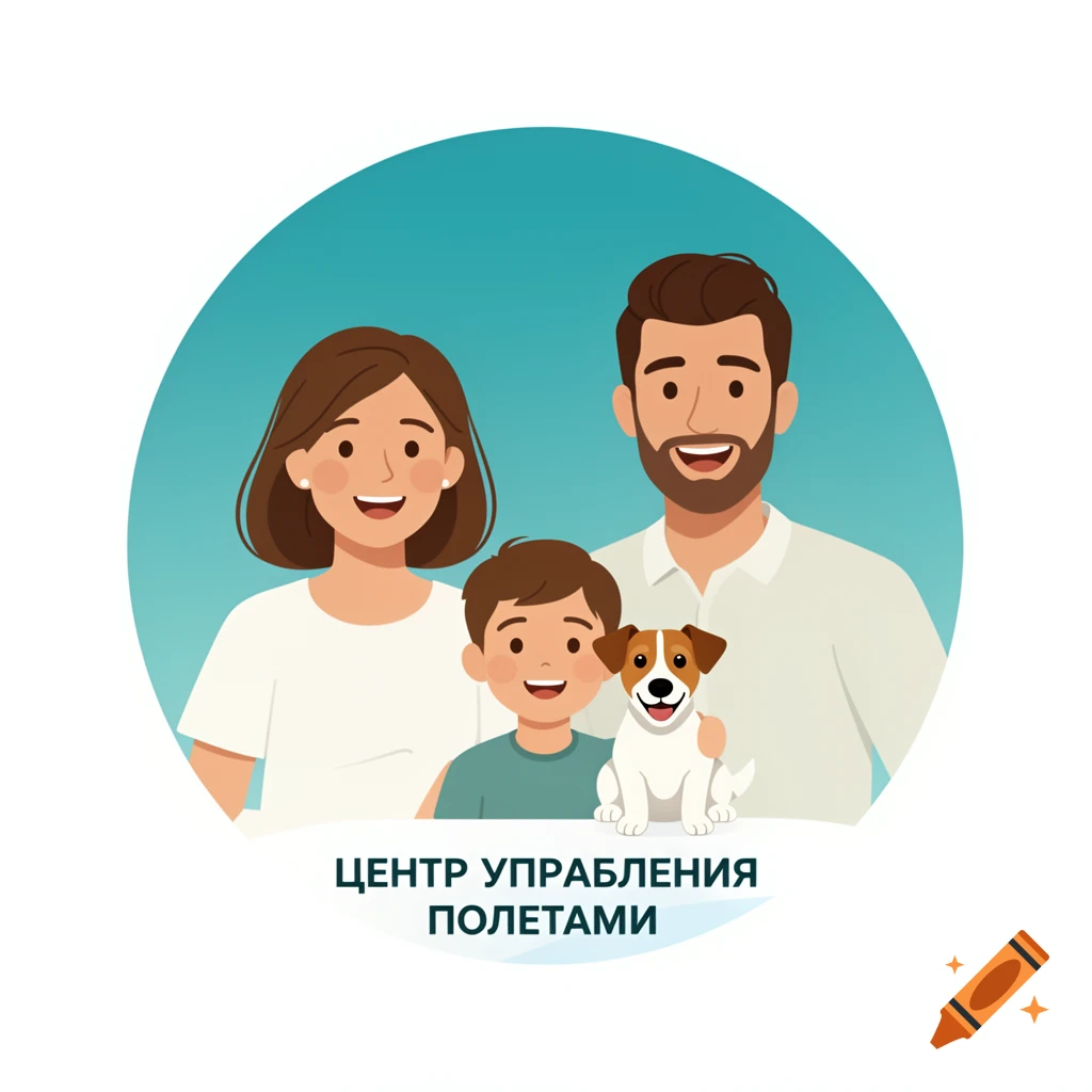 Cartoon illustration of a happy family with a mother, father, son, and a Jack Russell dog.