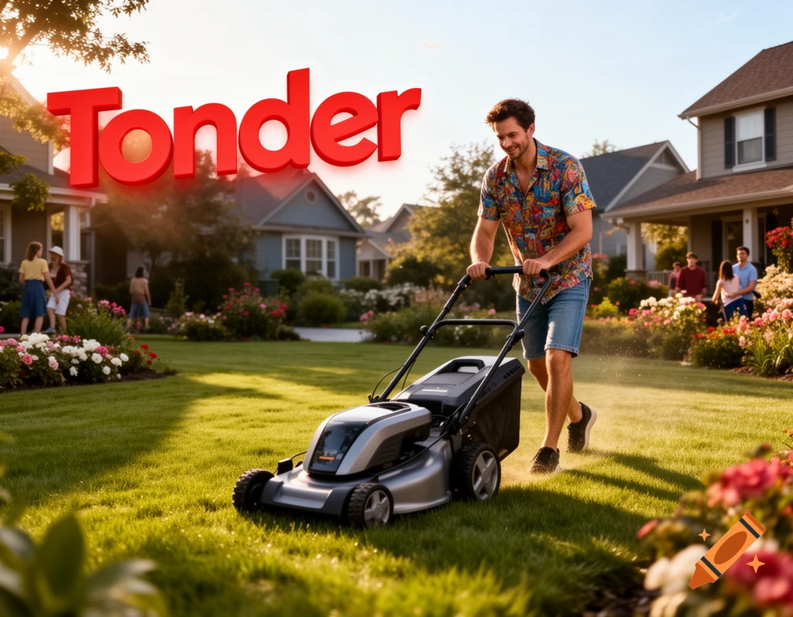 Photorealistic image of a smiling man mowing a lawn in a suburban neighborhood, with a red 'Tonder' logo floating above.