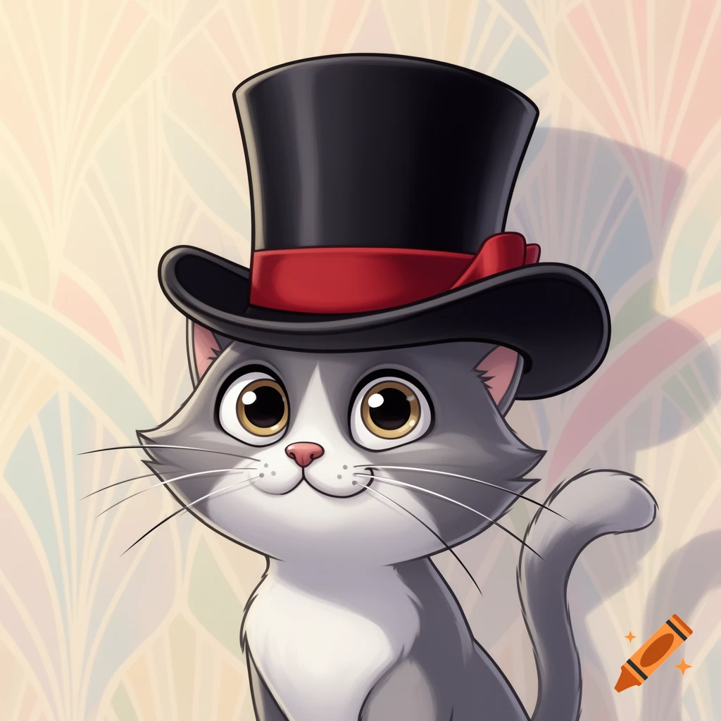 A grey and white cartoon cat with big brown eyes, wearing a black top hat with a red ribbon, smiling.