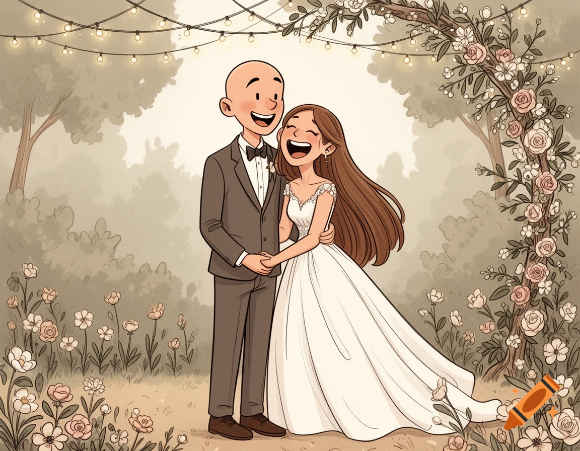 Cartoon illustration of a happy married couple, embracing and laughing in an outdoor wedding setting with a floral arch and string lights.