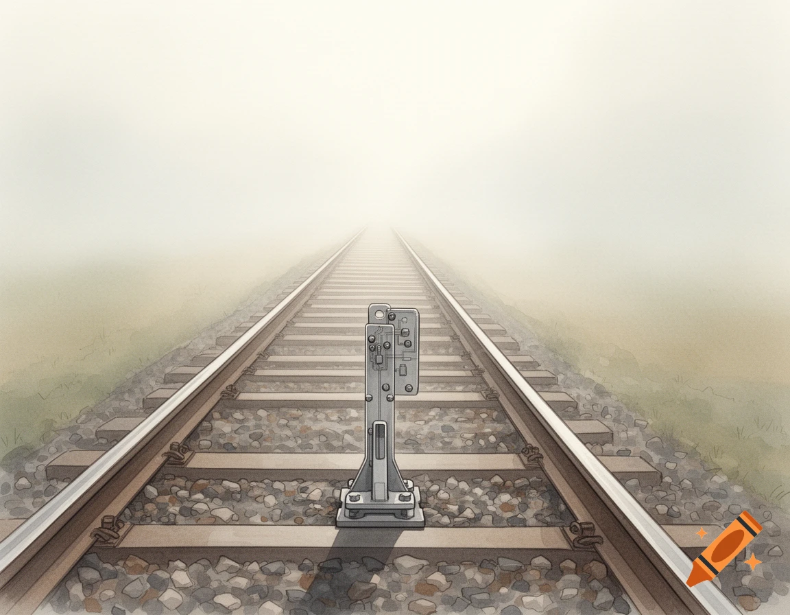 Watercolor illustration of a railroad track with a balise, disappearing into a dense fog.
