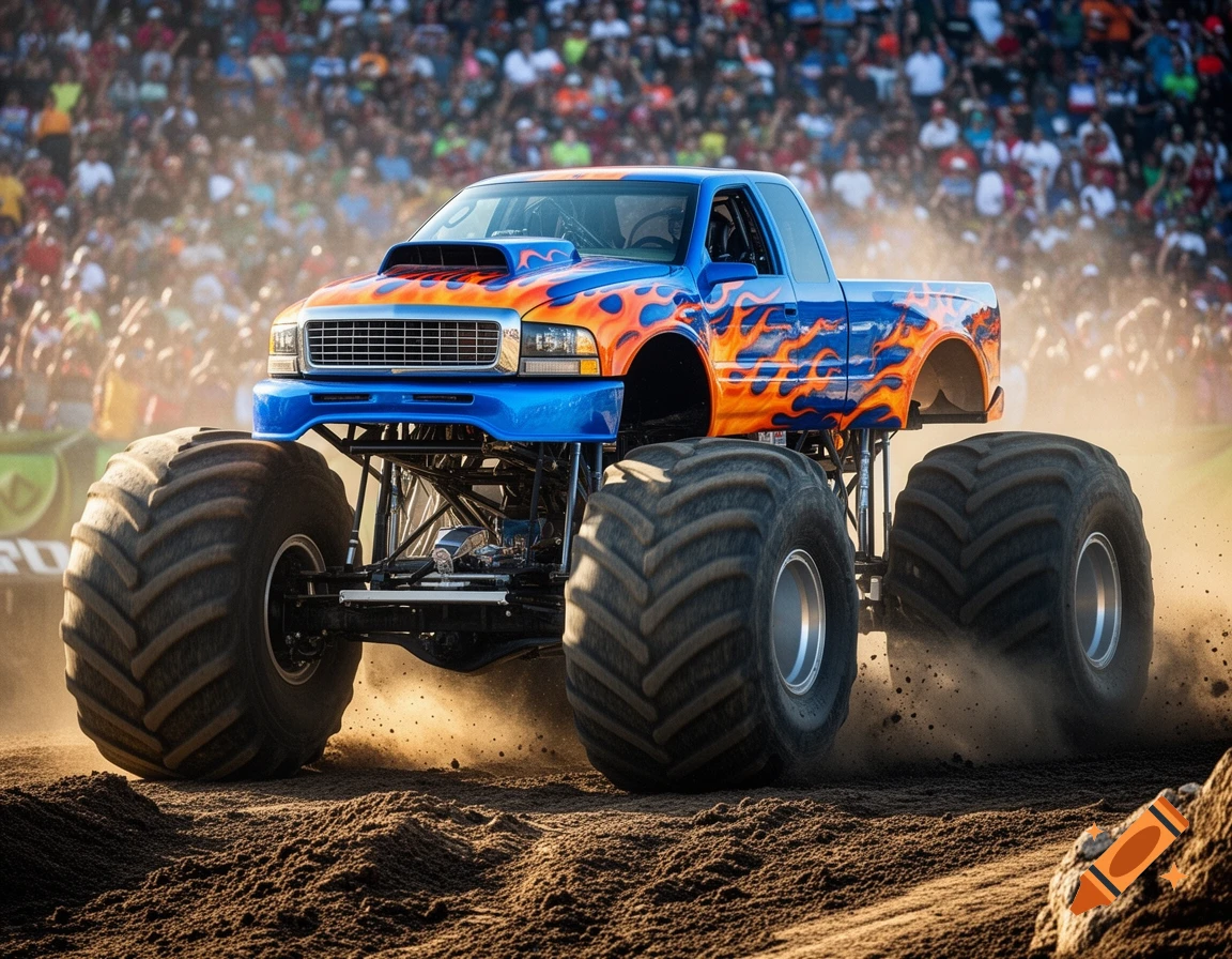 A vibrant blue monster truck with orange flames drives through dirt, kicking up dust in front of a stadium crowd. Photorealistic style.