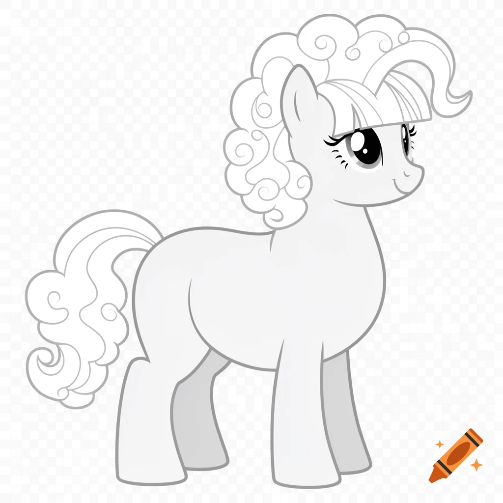 A white My Little Pony style mare with curly mane and tail and straight bangs, outlined in gray on a transparent background.