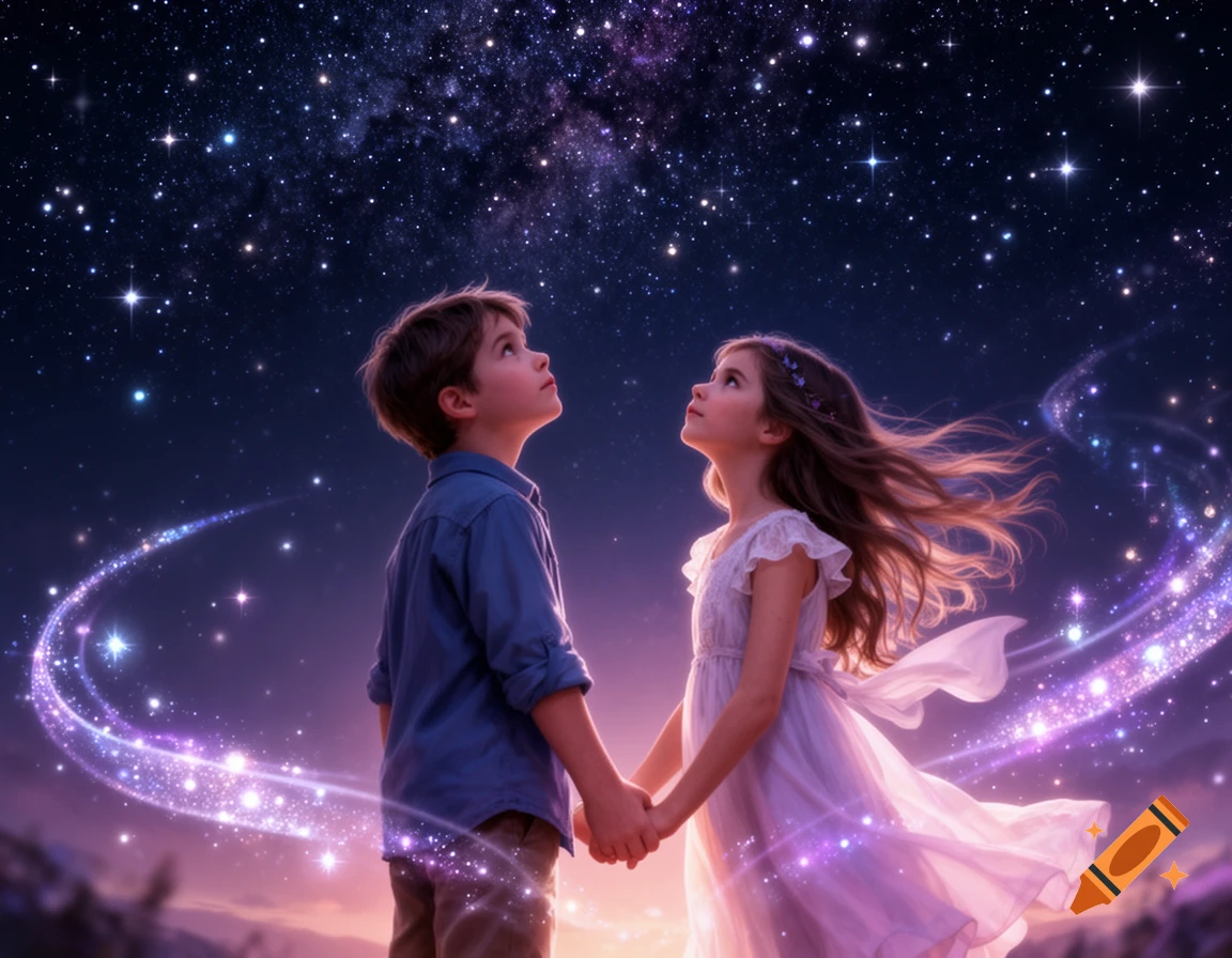 A young boy and girl hold hands, looking up at a brilliant starry night sky filled with magical, glowing light trails.