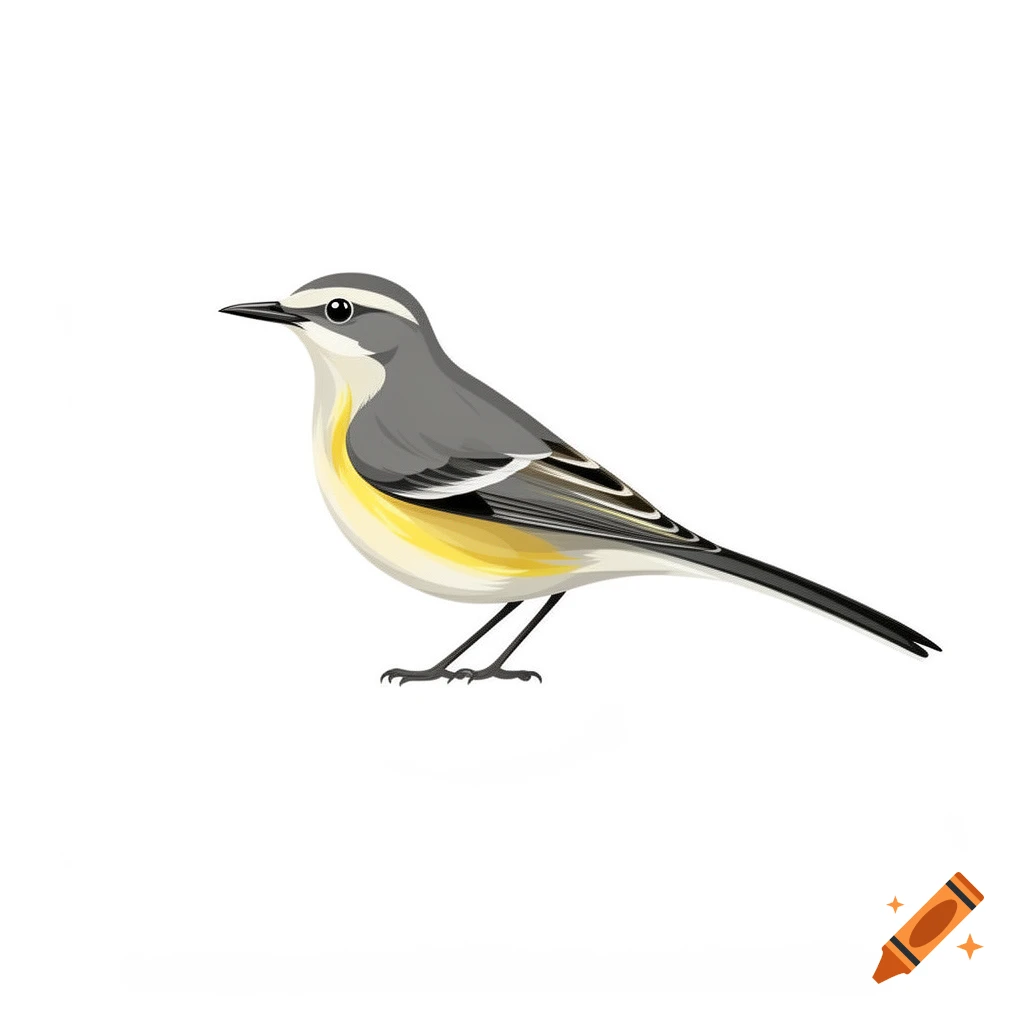 A semi-realistic cartoon flat illustration of a grey wagtail bird on a white background.