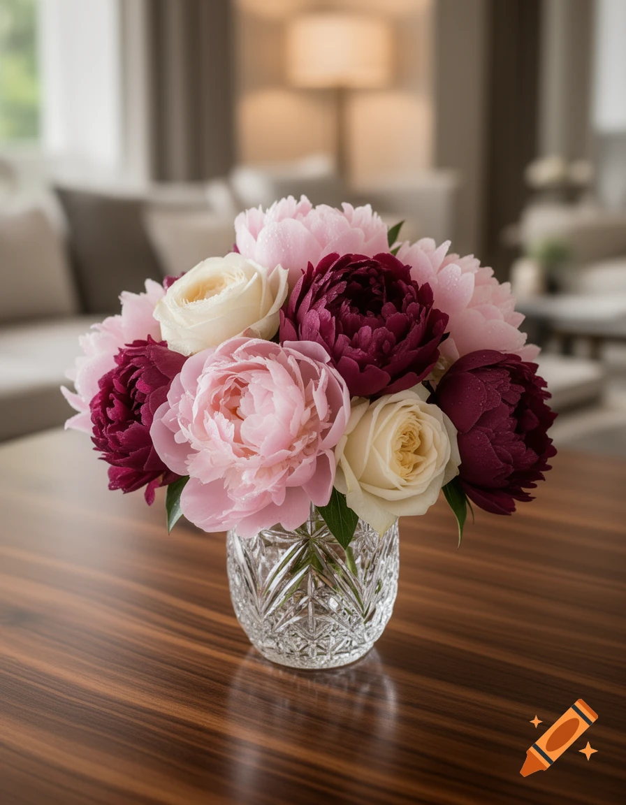A photorealistic bouquet of pink, white, and burgundy peonies and roses in a crystal vase on a polished wooden table.